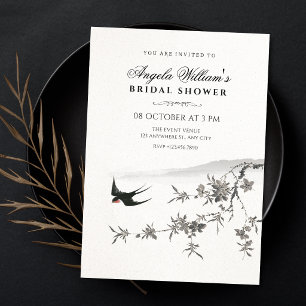 Invitación ducha de novia de rama floral japonesa de pájaro