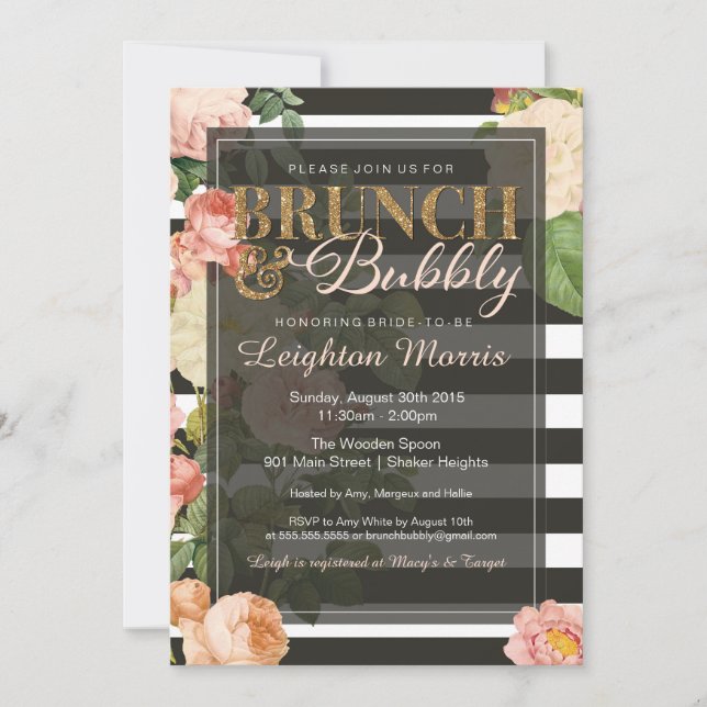 Invitación Ducha de novia de raya de bronce y burbuja (Anverso)