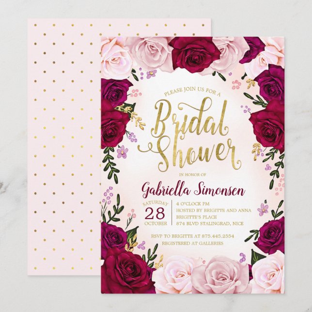 Invitación Ducha de novia de rosas rosadas de vino rojo de Bo (Anverso / Reverso)
