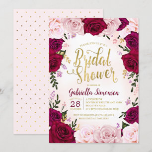 Invitación Ducha de novia de rosas rosadas de vino rojo de Bo