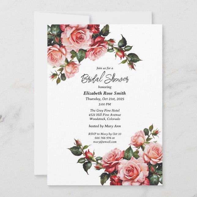Invitación Ducha de novia de rosas rosas rosas rosas y rojas  (Anverso)