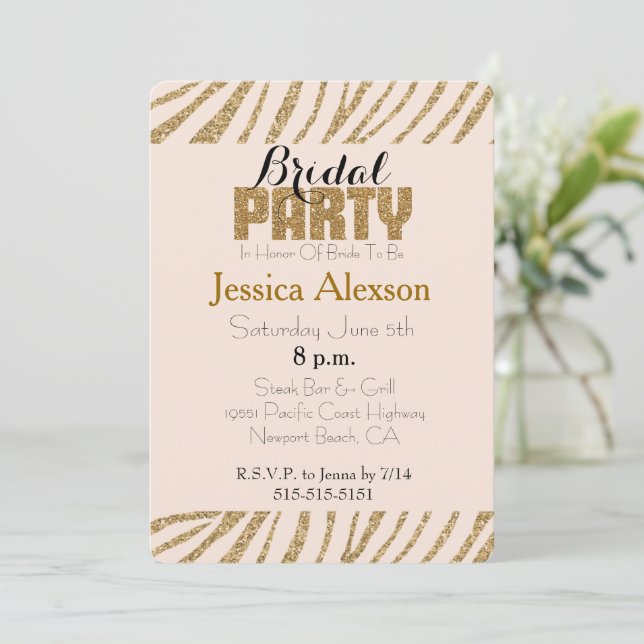 Invitación Ducha de novia de Rubor Gold Zebra Print Faux Purp (Anverso de pie)