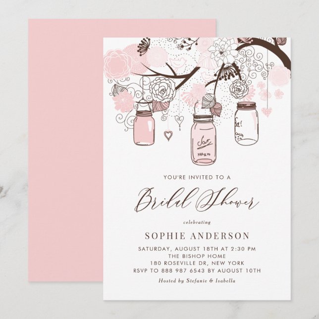 Invitación Ducha de novia de Rubor Pink Mason Jars (Anverso / Reverso)
