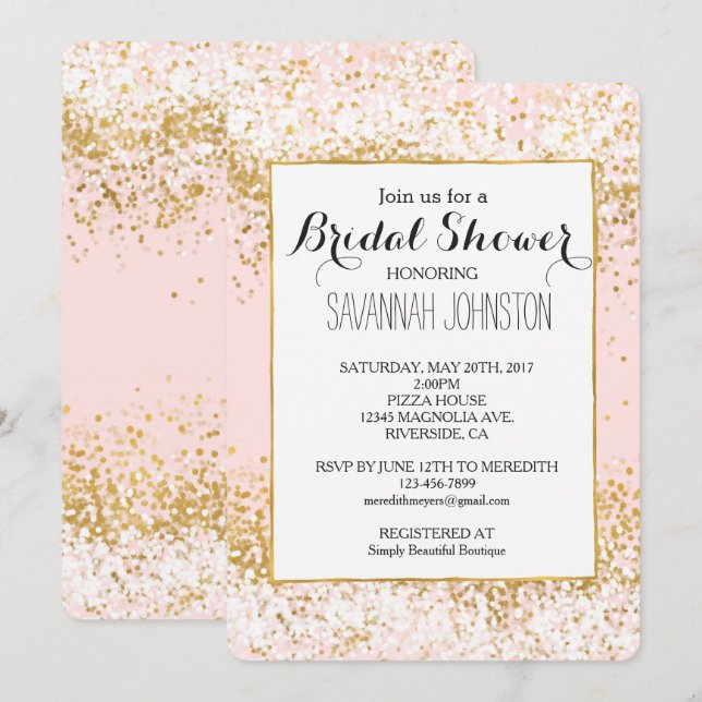 Invitación Ducha de novia de Rubor Pink White Gold Confetti (Anverso / Reverso)