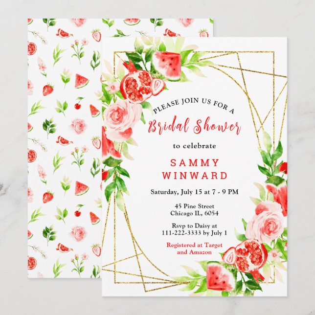 Invitación Ducha de Novia de Sandía y Granada (Anverso / Reverso)