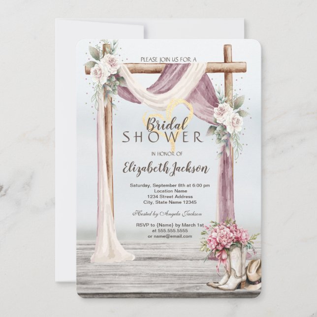 Invitación Ducha de novia de sombrero y botas vaqueras de arb (Anverso)