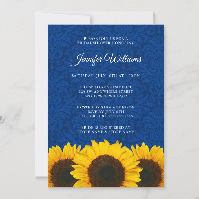 Invitación Ducha de novia de Sunflower Blue Damask (Anverso)