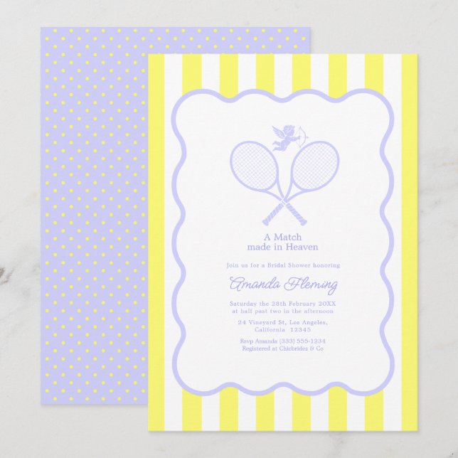 Invitación Ducha de Novia de Tenis Lavanda y Amarillo Mantequ (Anverso / Reverso)