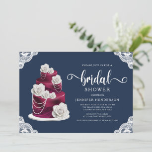 Invitación Ducha de Novia de Torta y Encaje Azul Marino Burgu