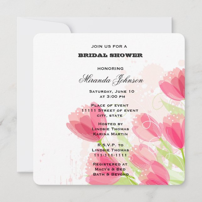 Invitación Ducha de novia de tulipanes rosados (Anverso)