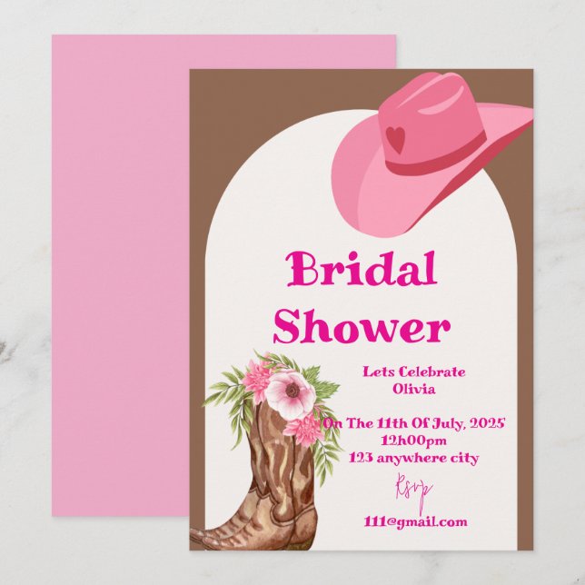 Invitación ducha de novia de vaquero rosa (Anverso / Reverso)