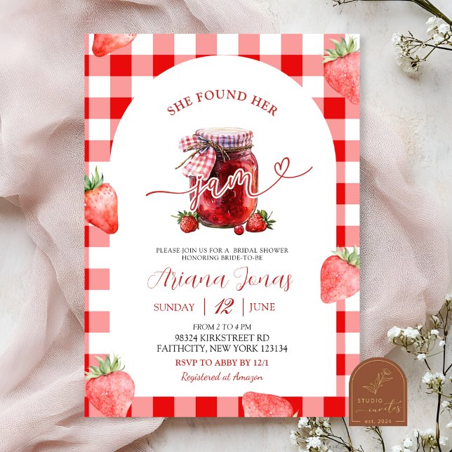 Invitación Ducha de novia de verano de fresa de Gingham roja (Subido por el creador)
