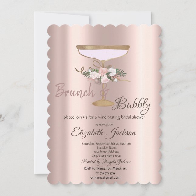 Invitación Ducha de novia de vidrio floral de bronce y burbuj (Anverso)