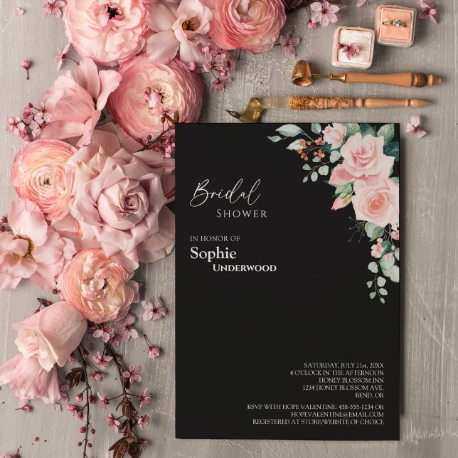 Invitación Ducha de novia del Boda negro floral de Rubor (Subido por el creador)