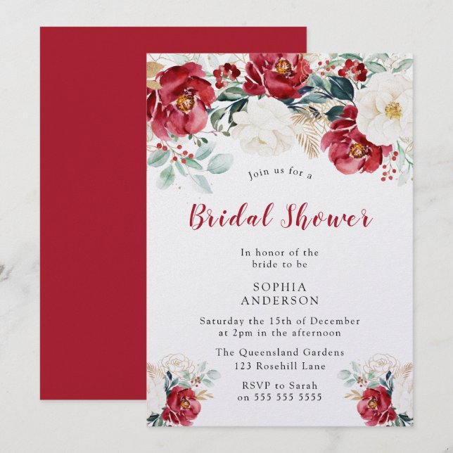 Invitación Ducha de novia del marimacho blanco rojo de Borgoñ (Anverso / Reverso)
