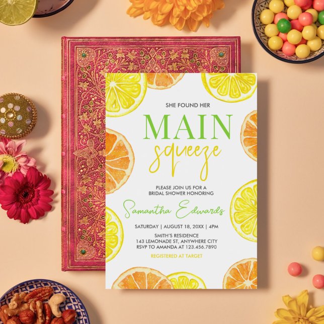 Invitación Ducha de novia del Naranja de limón de cítricos pr (Citrus Main Squeeze Bridal Shower Invitation)