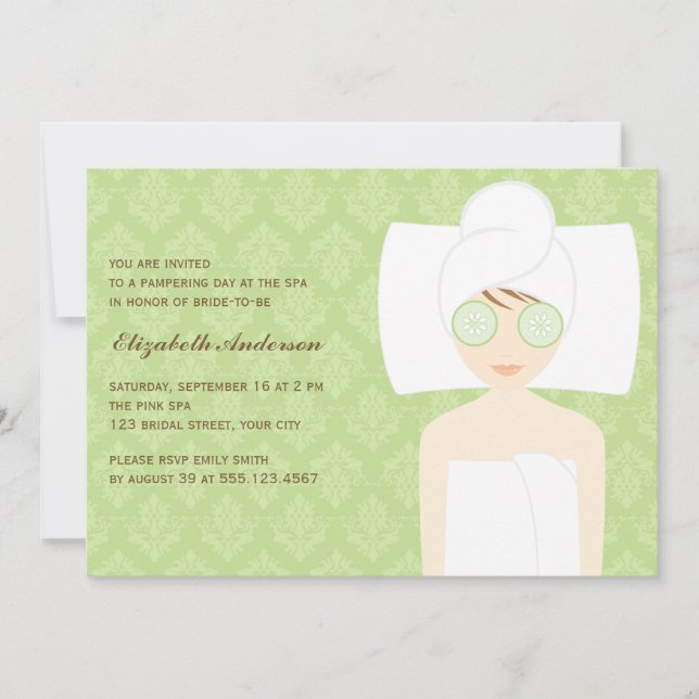 Invitación Ducha de novia del spa de diseño verde Damasco (Anverso)