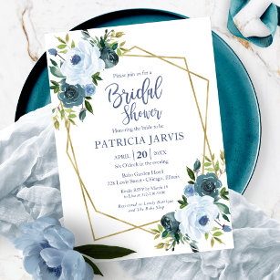 Invitación Ducha de novia dorada con flores azules y doradas