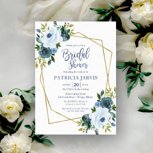 Invitación Ducha de novia dorada con flores azules y doradas