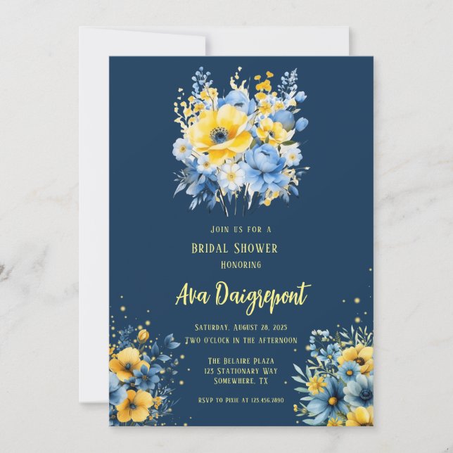 Invitación Ducha de novia dorada floral azul de la marina (Anverso)