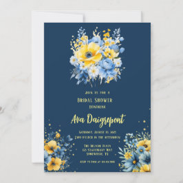Invitación Ducha de novia dorada floral azul de la marina
