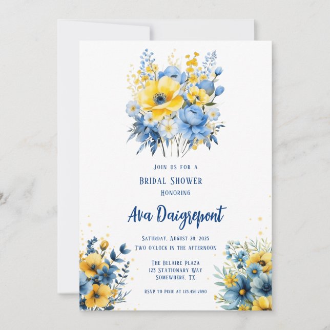 Invitación Ducha de novia dorada floral azul de la marina (Anverso)