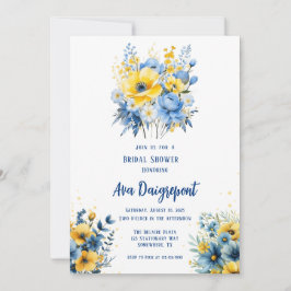 Invitación Ducha de novia dorada floral azul de la marina