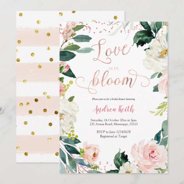 Invitación Ducha de novia dorada rosa y Subió de Rubor (Anverso / Reverso)