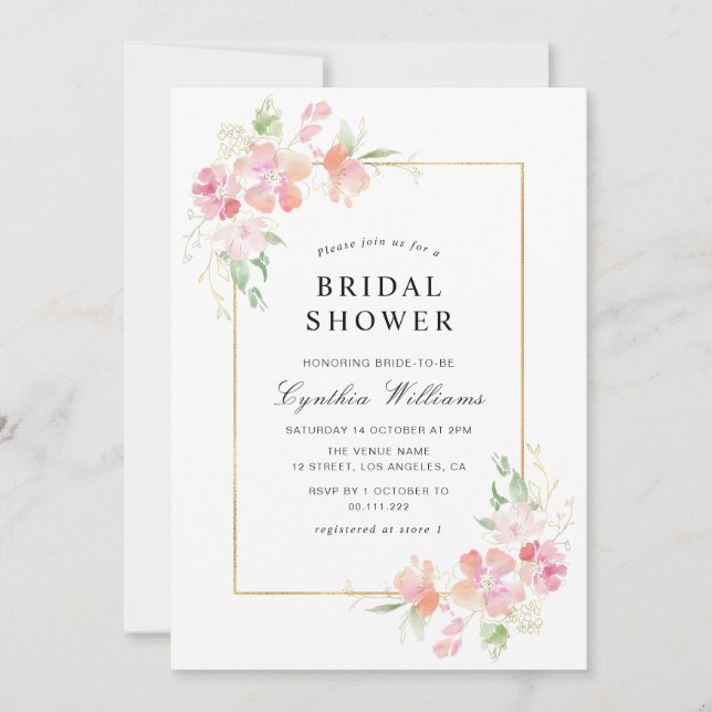 Invitación ducha de novia dorada y rosa (Anverso)