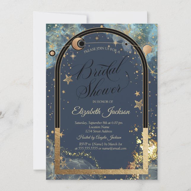 Invitación Ducha de Novia Dorado Celestial Sol Luna Brillo Do (Anverso)