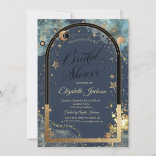 Invitación Ducha de Novia Dorado Celestial Sol Luna Brillo Do