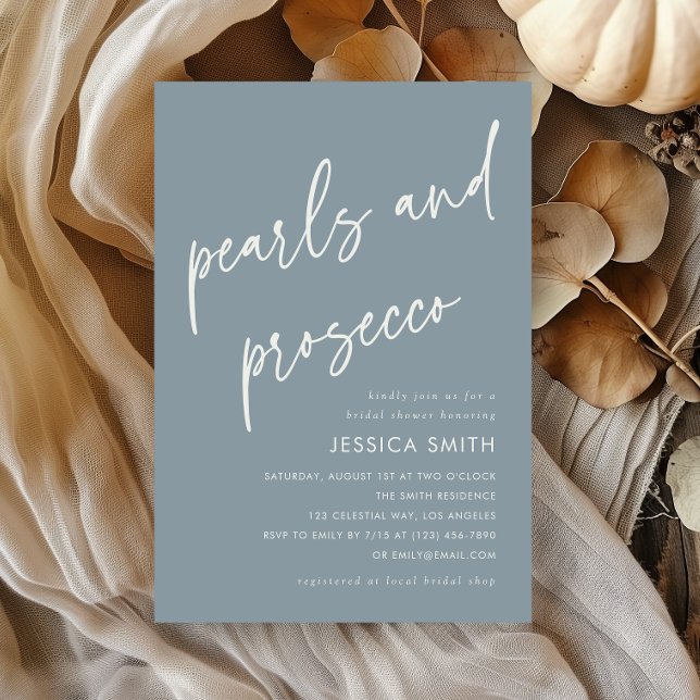 Invitación Ducha de Novia Dusty Blue Boho Perlas y Prosecco (Subido por el creador)