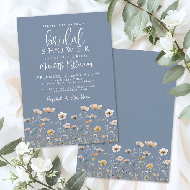 Invitación Ducha de Novia Dusty Blue Flor Silvestre (Wildflower Dusty Blue Bridal Shower Invitation)