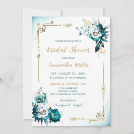 Invitación Ducha de novia editable Verde azulada y dorada