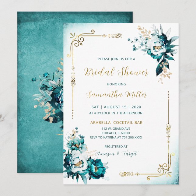 Invitación Ducha de novia editable Verde azulada y dorada (Anverso / Reverso)