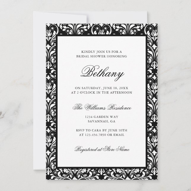 Invitación Ducha de novia elegante clásica de Damasco blanco  (Anverso)