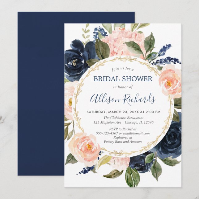 Invitación Ducha de novia elegante dorada rosa azul marino Ru (Anverso / Reverso)