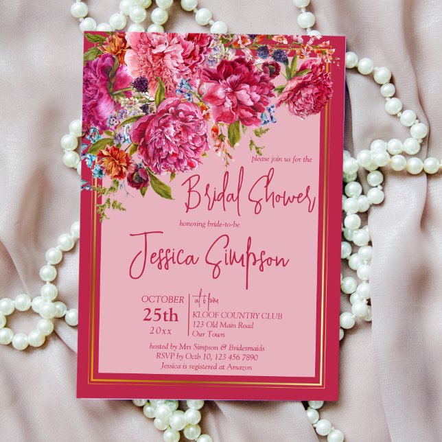 Invitación Ducha de novia elegante magenta burgundy peonies (Subido por el creador)