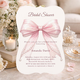 Invitación Ducha de novia elegante perlas marfil lazo rosa