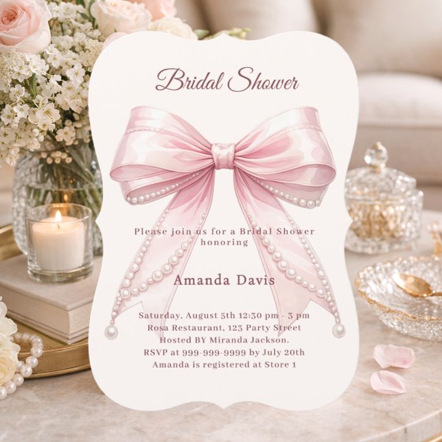 Invitación Ducha de novia elegante perlas marfil lazo rosa (Subido por el creador)
