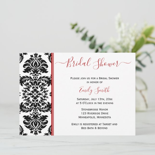Invitación Ducha de novia elegante, roja y negra (Anverso de pie)