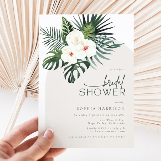 Invitación Ducha de novia en arco floral blanco tropical (Subido por el creador)