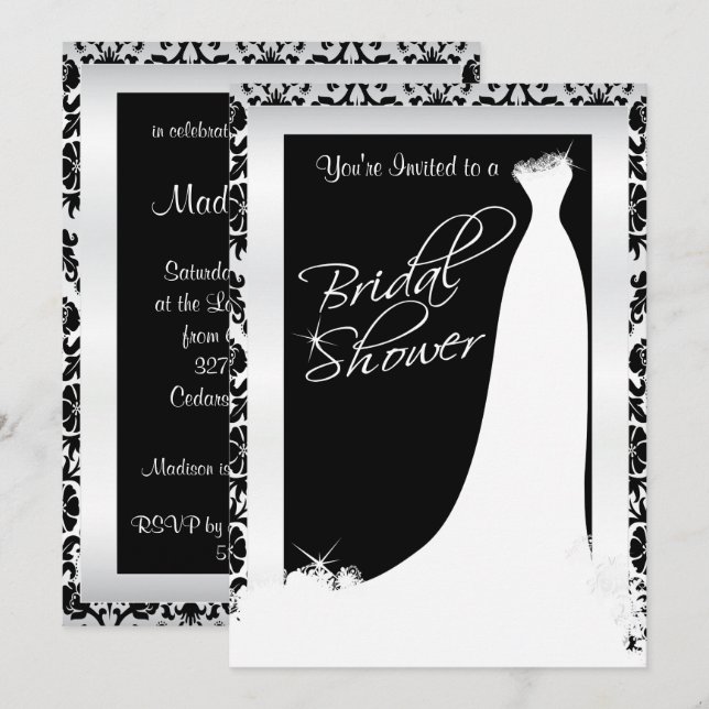 Invitación Ducha de novia en damasco blanco y negro (Anverso / Reverso)