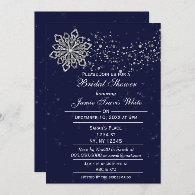 Invitación Ducha de novia en invierno con copos de nieve azul (Anverso / Reverso)