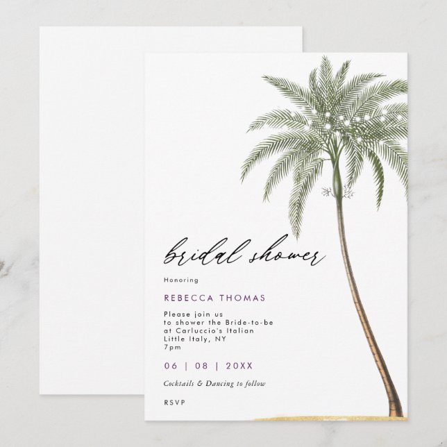 Invitación ducha de novia en la playa de palmeras tropicales (Anverso / Reverso)
