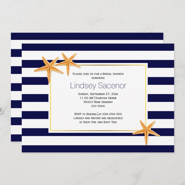 Invitación Ducha de novia en la playa de Starfish and stripes (Anverso / Reverso)