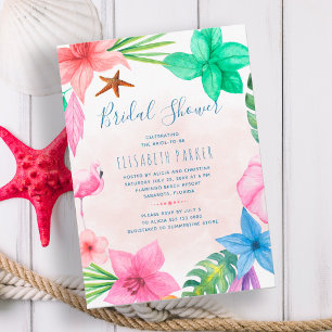 Invitación Ducha de novia en playa floral rosa tropical