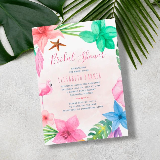 Invitación Ducha de novia en playa floral rosa tropical (Subido por el creador)