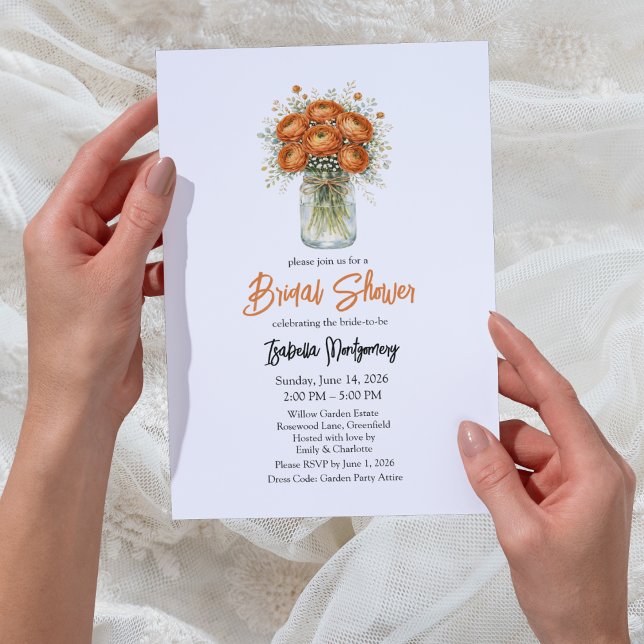 Invitación Ducha de Novia en Tarro de Mason con Ranunculus de (Copper Palette Ranunculus Mason Jar Bridal Shower Invitations
)