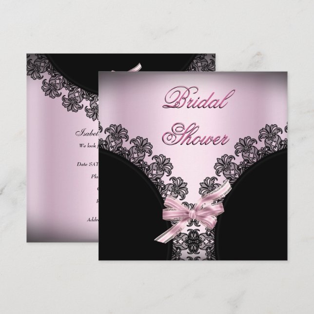 Invitación Ducha de Novia Encaje Rosa Suave Negro (Anverso / Reverso)